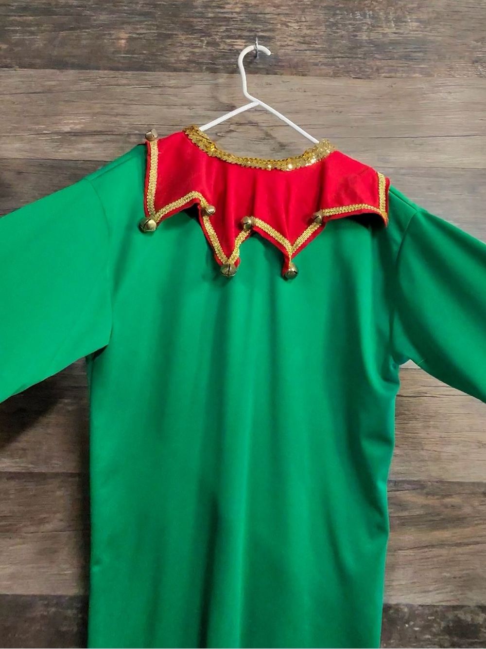 Green and Red Holiday Elf Costume Tunic with Gold Trim